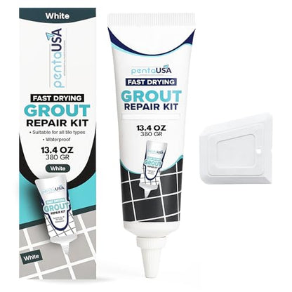 PentaUSA Tile Grout Repair Kit - White Premixed Acrylic Sanded Grout, Water-Resistant Grout Filler for Bathroom&Shower, Kitchen Floor, Fast Drying, with Applicator, 13.4 oz (380g) - style: White