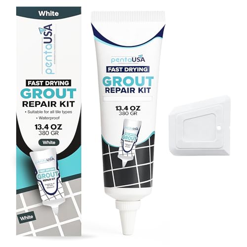 PentaUSA Tile Grout Repair Kit - White Premixed Acrylic Sanded Grout, Water-Resistant Grout Filler for Bathroom&Shower, Kitchen Floor, Fast Drying, with Applicator, 13.4 oz (380g) - style: White