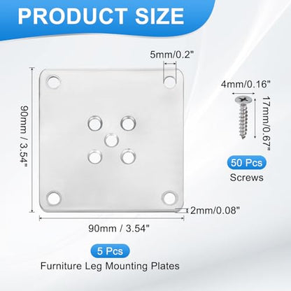uxcell 5Pcs Furniture Leg Flat Mounting Plates, 90mm/3.5inch Flat T-Plate Connector Attachment Bracket Base with Screws for Chair Sofa Cabinet Repair - size: 90mm