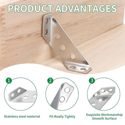 Heavy Duty Stainless Steel Furniture Corner Connectors - Triangle Bracket with Drill and Screws, Universal for Wood Furniture, Drawers, Cabinets, Tables, and Chairs