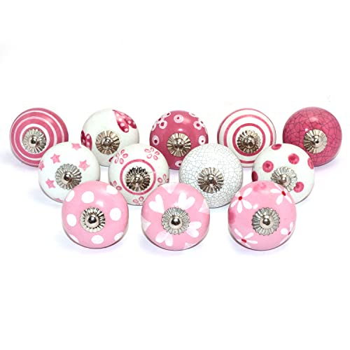 Eleet Assorted Ceramic Cabinet Knobs - Vintage Cabinet Cupboard Door & Drawer Pulls Chrome Hardware (Ceramic Knobs Set of 12, Dark Pink & White) - color: Dark Pink & White, style: Ceramic Knobs Set of 12
