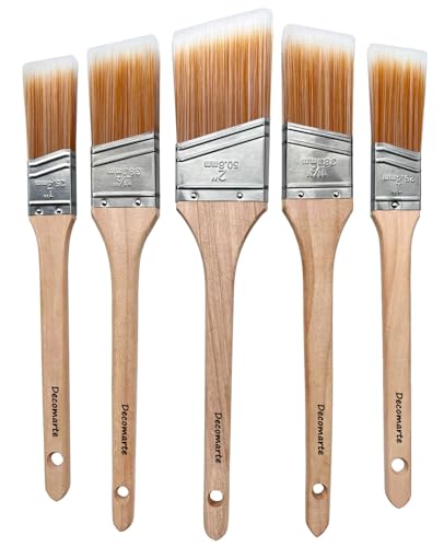 Thin Soft Bristle Long-Handled Wood Angled Sash Stain Brush for Painting Doors, Furniture, Wall Trim, House Touch Ups, Enamel Home Decorating Lacquer Paint Brush Pack Assorted