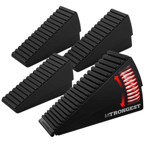 Strongest Home 4 Pack XL Adjustable Door Stopper with Spring – Heavy Duty Wedge for Oversized, Thick & Heavy Doors, Anti-Slip Rubber Grip, Commercial, Home & Outdoor Use on Carpet, Wood, Tile - Black - color: Spring Black, size: 4 Pack