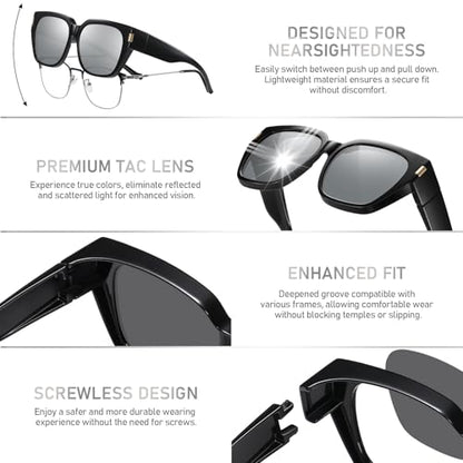 HAOLOTA Polarized Fit Over Glasses Sunglasses for Women Men Trendy Square Wrap Around Shades UV Protection - color: L Size 15 Black/Silver