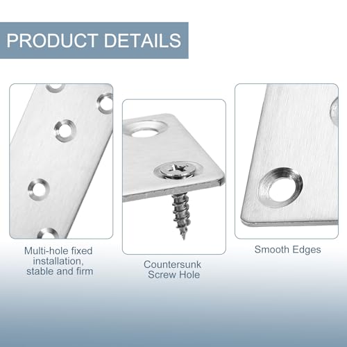 uxcell 3 Set Flat Repair Plates, 1.9 x 5 Inch Stainless Steel Flat Straight Brace Bracket Mending Joining Plates with Screws for Fixing Wooden Furniture Corner, Silver