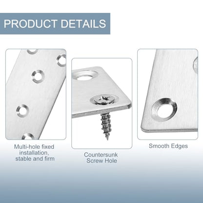 uxcell 3 Set Flat Repair Plates, 1.9 x 5 Inch Stainless Steel Flat Straight Brace Bracket Mending Joining Plates with Screws for Fixing Wooden Furniture Corner, Silver