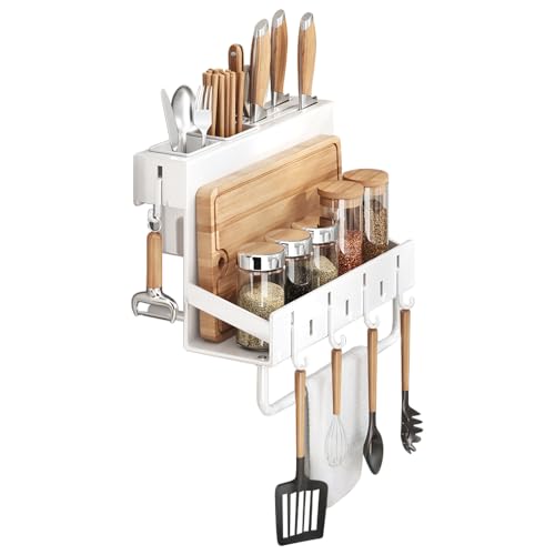 Multifunctional Wall-Mounted Knife Holder Kitchen Utensils Holder Spice Storage Organizer Rack for Knives, Spoons, Chopsticks, Towels, Pot Lids, Spice Jars (White) - color: White