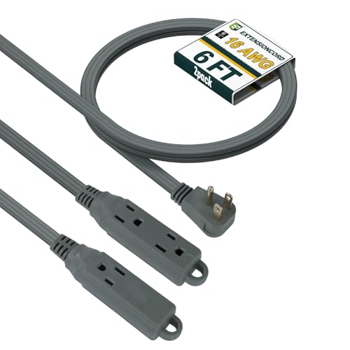 EP 6 Ft 3 Outlet Extension Cord with Flat Plug, 3 Prong Grounded, 16/3 SPT-3 Power Cable for Indoor Use, Grey, 2 Pack - color: Grey, size: 6 Ft
