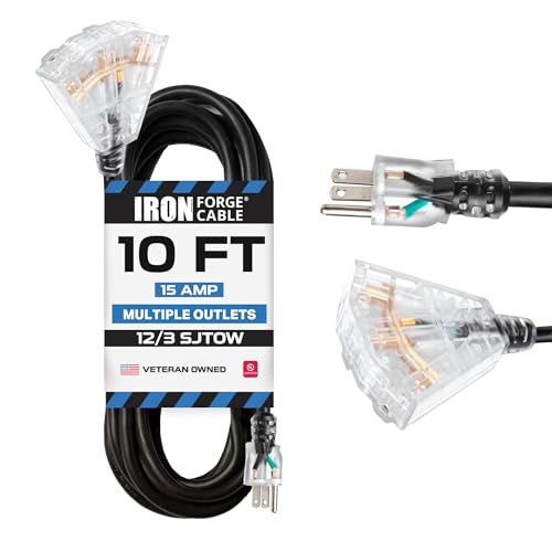Iron Forge Cable 12 Gauge Extension Cord with Multiple Outlets - Black Heavy Duty Extension Cord 10 ft - 12/3 SJTOW, 3 Prong Lighted Outlet Cords - color: Black, size: 10 Foot