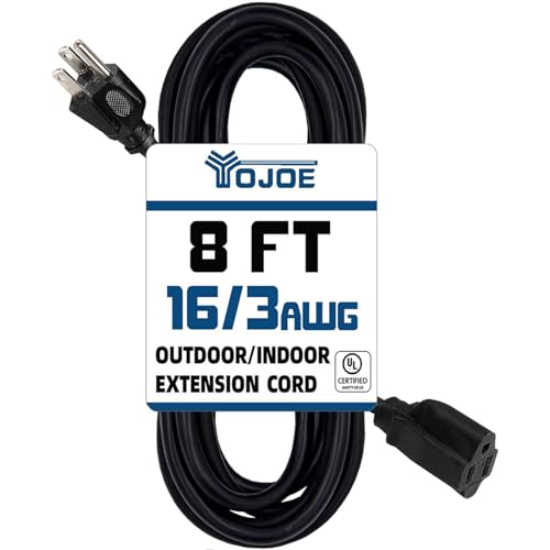 YOJOE Indoor Outdoor Extension Cord, 3 Prong 13A Weatherproof Power Cord, 16 Gauge Heavy Duty 8 ft Black Extension Cord for Garage, Garden and Home, 16/3 SJTW UL Listed - color: Black, size: 8 Foot, style: 16/3 Standard