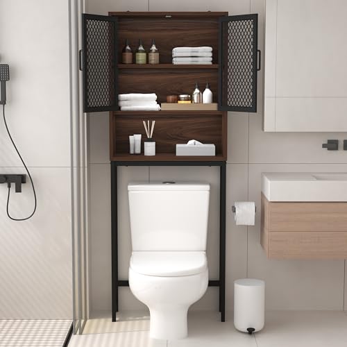 Launica Over The Toilet Storage Cabinet, Bathroom Organizer Over Toilet, Wood Metal Industrial Bathrooms Space Saver Shelf, Freestanding Bathrooms Cabinet Above Toilet with Rack, Walnut - color: Walnut