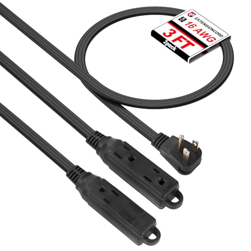 EP 3 Ft 3 Outlet Extension Cord with Flat Plug, 3 Prong Grounded, 16/3 SPT-3 Power Cable for Indoor Use, Black, 2 Pack - color: Black, size: 3 Ft
