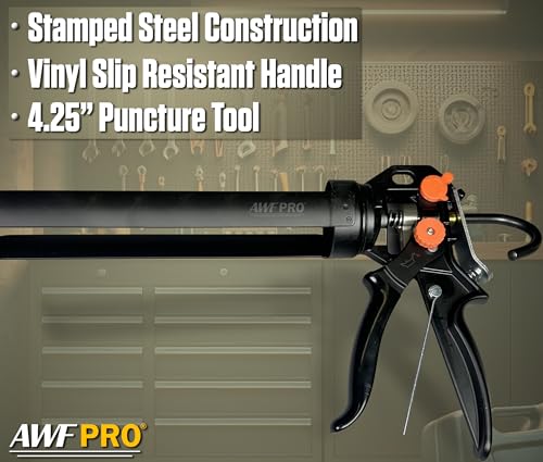 AWF PRO 29 oz Dual Thrust Caulk Gun, 25:1 or 12:1 Thrust Ratio, No Drip, Rotating Barrel, Comfort Grip, with Built-In Puncture Tool - size: 29 oz, style: Pack of 1
