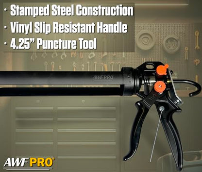 AWF PRO 29 oz Dual Thrust Caulk Gun, 25:1 or 12:1 Thrust Ratio, No Drip, Rotating Barrel, Comfort Grip, with Built-In Puncture Tool - size: 29 oz, style: Pack of 1