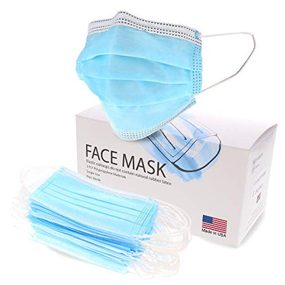 Disposable Face Masks Made in the USA, 50 Pack Blue Disposable Masks, 3 Ply Layer Soft, Disposable Mask, Breathable with Non Latex Elastic Ear Loops, Comfortable Nose.