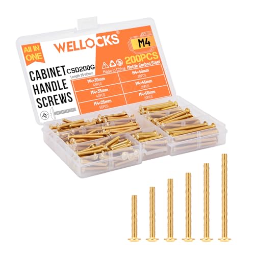 WELLOCKS Cabinet Pulls Knobs Screws M4 25-50mm 200 PCS Assortment Gold Machine Screws Pan Washer Head Metal Phillips Screws Kit for Cabinet Drawer Cupboard Closet Handles Install(CSD200G) - color: Gold, size: 200pcs