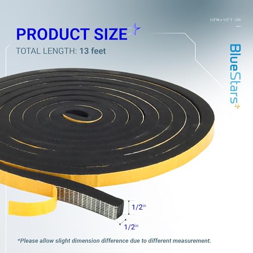 BlueStars Ultra Durable 1/2 in x 1/2 in 13FT Adhesive Foam Tape, Thermal Rubber Strip, for Doors & Windows, Soundproofing & Sealing