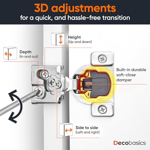 Decobasics 4 Pack Soft Close Cabinet Hinges – 1/2" Overlay for Kitchen Cabinet Doors, Slow Self-Closing Concealed Hidden Hinges for Face Frame –Stainless Steel, 3-Way Adjustable & Quiet Close Damper - size: 1/2 Inch