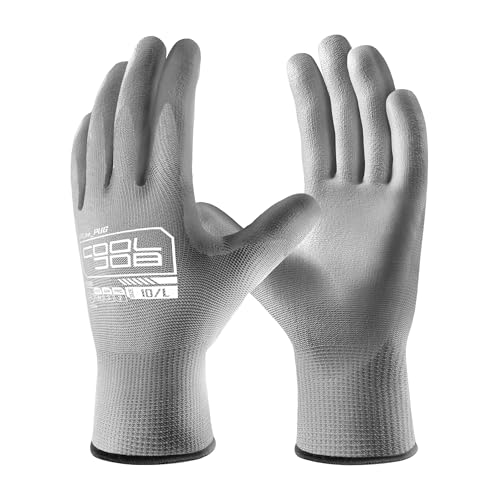 COOLJOB 12/60 Pairs Safety Work Gloves Pack Bulk with Grip PU Coating, 13 Gauge Seamless Knit Gloves with Polyurethane Dipped for Warehouse Working, Breathable Lightweight for Men Women, Grey Medium - color: Grey, size: Medium (Pack of 12)