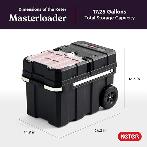 Keter Masterloader Resin Rolling Tool Box with Locking System and Removable Bins – Perfect Organization and Storage Chest for Power Drill, Tape Measure, and Screwdriver Set, Black - size: Masterloader