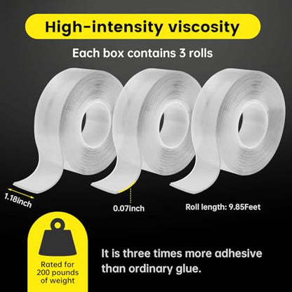 3 Rolls 1.18inch(3cm) Wide Double Sided Heavy Duty Adhesive Tape, Removable Clear Nano Tape Extra Strong Mounting Tape for Picture, Poster, Carpet, Rug, Wall - style: 1.18" 3 Rolls