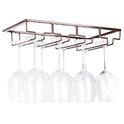 FOMANSH Wine Glass Rack Under Cabinet - Stemware Holder Metal Wine Glass Organizer Glasses Storage Hanger for Bar Kitchen Brown 4 Rows - color: Brown, size: 4 Rows 1 Pack