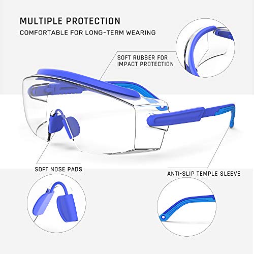 Anti Fog Safety Glasses Safety Goggles Over Glasses Protective Glasses with Anti Scratch Lenses Adjustable - color: 2 Pack (Blue + Black)
