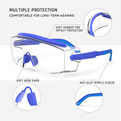 Anti Fog Safety Glasses Safety Goggles Over Glasses Protective Glasses with Anti Scratch Lenses Adjustable - color: 2 Pack (Blue + White)