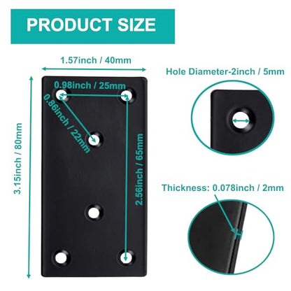 8 Pcs Flat Mending Plate 3.15" x 1.57", Black Stainless Steel Straight Bracket with Screws, Heavy Duty Flat Brace Fixing Joining Plate for Wood, Furniture, Bed Frame, Shelves & DIY Projects - size: 3.1 x 1.57inch