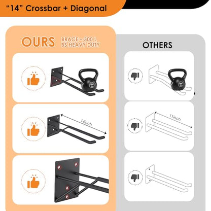 14" Garage Hooks Heavy Duty 4-Pack - Garage Storage System Hooks, Ladder Hooks for Garage Wall & Broom Holder Wall Mount | Non-Slip Tire Rack & Heavy Duty Wall Hooks for Hanging Ladders, Chairs.