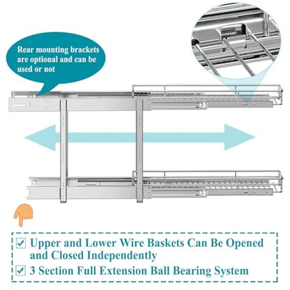 OCG 2 Tier Pull Out Cabinet Organizer (7.5" W x 21.5" D), Pull Out Drawers for Kitchen Cabinets, Pull Out Shelves for Base Cabinet Organization in Kitchen Bathroom Pantry, Chrome Finish - size: 7.5"w X 21.5"d, 2 Tier
