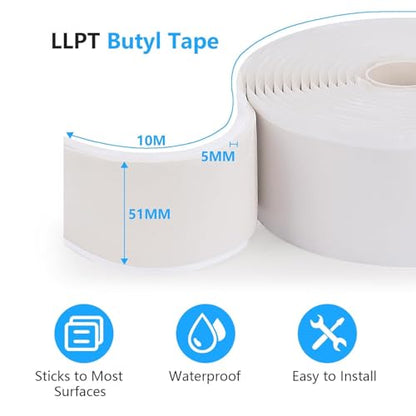LLPT Butyl Tape White 2 Inch x 33 Feet 5mm Thickness Water Tight Seal for Leak Proof EPDM RV Repair Window Glass Boat Sealing Roof Pipe Patching(WST5110) - color: White, size: 2" x 33 Ft