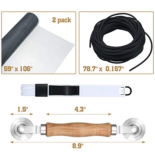 5 Pieces Window Screens Repair Kit, 2 Pieces 59 x 106 Inches Window Screens with Rolling Tool, Screen Retainer Spline, Window Groove Cleaning Brush for Windows Doors Patio Replacement
