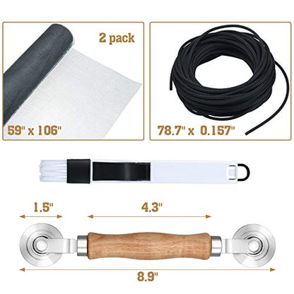 5 Pieces Window Screens Repair Kit, 2 Pieces 59 x 106 Inches Window Screens with Rolling Tool, Screen Retainer Spline, Window Groove Cleaning Brush for Windows Doors Patio Replacement