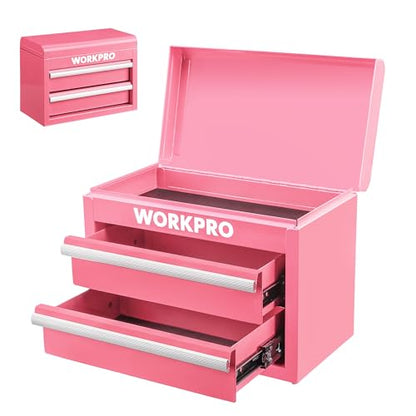 WORKPRO Metal Mini Tool Box, Top Tool Chest containing Two Drawers with Ball Bearing Slides, PVC Drawer Liners and PP Feet Pads, Cold Rolled Steel Small Toolbox for Multi-Purpose Storage - Pink Ribbon - color: Pink