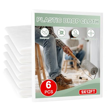 6pcs 9x12ft Plastic Drop Cloths - Disposable Painter's Sheeting & Tarps for Painting, Waterproof Furniture/Couch/Floor Protection - size: 6pack
