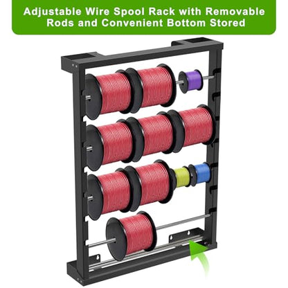 SELEWARE Heavy Duty Wall-Mounted Wire Spool Rack – Cable Reel Holder and Dispenser with 6 Adjustable Stainless Steel Rods for Industrial, Electrical, and Retail Storage and Display (Black) - color: C: Black Wall Mounted Wire Spool Rack (6 Rods)