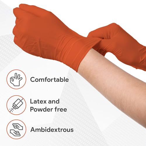 WECARE 8 Mil Nitrile Gloves - Heavy Duty Mechanic Gloves, with Diamond Grip - Powder and Latex Free Disposable Gloves - color: Orange, size: Medium