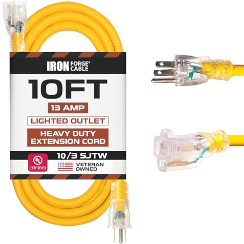Iron Forge Cable Outdoor Extension Cord 10 Ft - 10 Gauge Outdoor Heavy Duty Extension Cord, 15 AMP, 10/3 Yellow Power Cable SJTW Weatherproof with 3 Prong - color: Yellow, size: 10 Foot