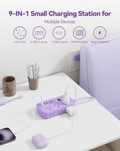 Purple Extension Cord with Surge Protected - Cute Travel Power Strip with 6 AC Outlet 3 USB (1 USB-C) Charging Station, Purple Desk Accessories Wall Mountable Cute Kawaii Lavender Office Dorm Room - size: 5 FT-Purple-45°Plug, style: 6AC+2U1C