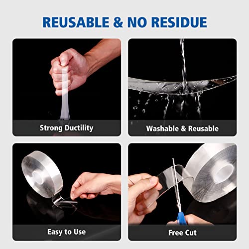 CLAVICHORD Double Sided Tape Heavy Duty - Upgraded Removable Clear Mounting Nano Tape Multipurpose Strong Adhesive Wall Sticky Tape Transparent Carpet Poster Picture Hanging Strip (1’’x16.5FT) - size: 1”
