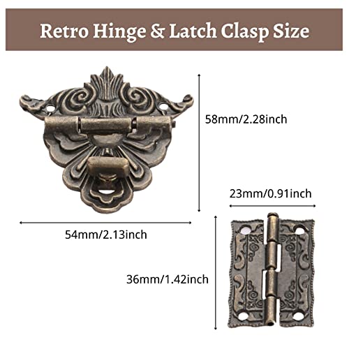 Yetaha 2Pcs Antique Hinge & 1 Pc Retro Style Padlock Lock Key, Latch Clasp Set Box Lock with 12 Screws for Decorative Jewelry Box Cabinets Doors Furniture Cases