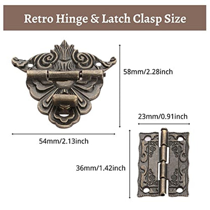 Yetaha 2Pcs Antique Hinge & 1 Pc Retro Style Padlock Lock Key, Latch Clasp Set Box Lock with 12 Screws for Decorative Jewelry Box Cabinets Doors Furniture Cases