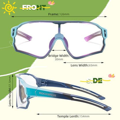 ROCKBROS Photochromic Sports Kids Sunglasses For Boys Girls Children Youth MTB Biking Sunglasses for Kids Ages 8 to 14 - color: Biue