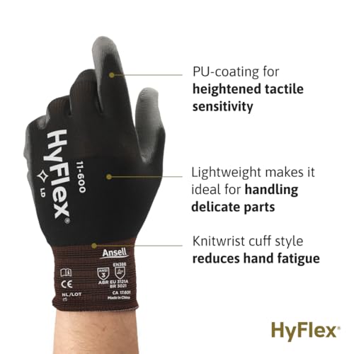 Ansell HYFLEX 11-600 Light Duty Nylon Industrial Gloves w/Palm Coating for Metal Fabrication - color: Black, size: Size 9 (Pack of 12), style: 12 Pair