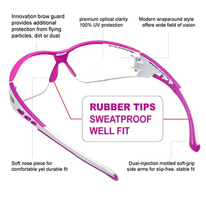 HTS HUNTERSKY Super Flexible Lightweight Anti Fog Wrap-Around U6 Clear Shooting Safety Glasses with ANSI Z87.1 Scratch Resist - color: Pink / Clear (1 Pack)