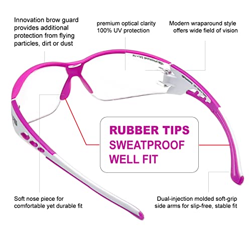 HTS HUNTERSKY Super Flexible Lightweight Anti Fog Wrap-Around U6 Clear Shooting Safety Glasses with ANSI Z87.1 Scratch Resist - color: Pink / Clear (2 Pack)