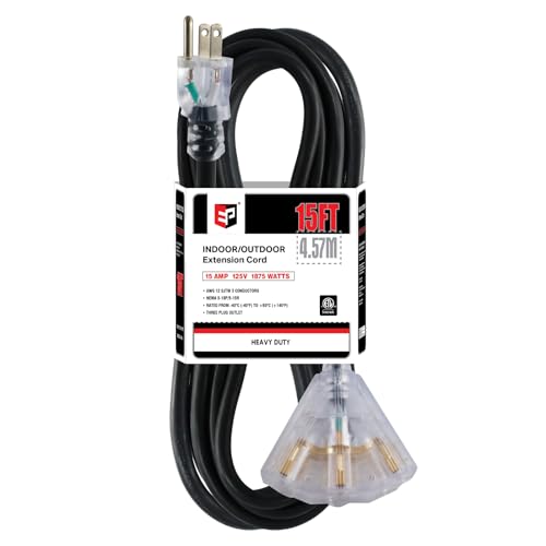 EP 15 Ft 12 Gauge Heavy Duty Extension Cord, 15A 125V 1875W, 3 Outlet Indoor/Outdoor Power Cord with Lighted End, 12/3 SJTW Weatherproof Black - color: Black, size: 15FT