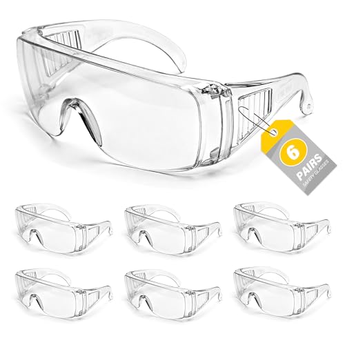 6 Pack Clear Safety Glasses Over Eyeglasses, ANSI Z87.1 Impact Resistant Polycarbonate Lens, Safety Goggles Over Glasses, Protective Eyewear for Lab, Construction, Outdoor Work
