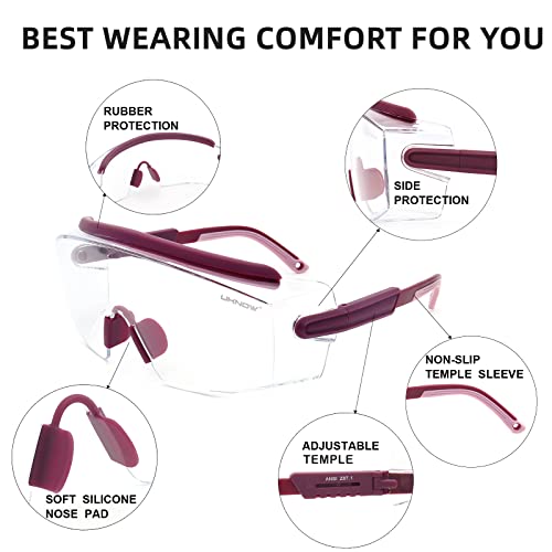 UKNOW Safety Goggles Over Glasses, Anti Fog Safety Glasses with Clear Wraparound Lens, ANSI Z87.1 Protective Eyewear - color: Burgundy